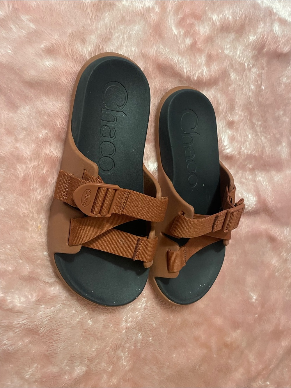 Chaco Tan Strappy Slide Sandals with Black Footbed